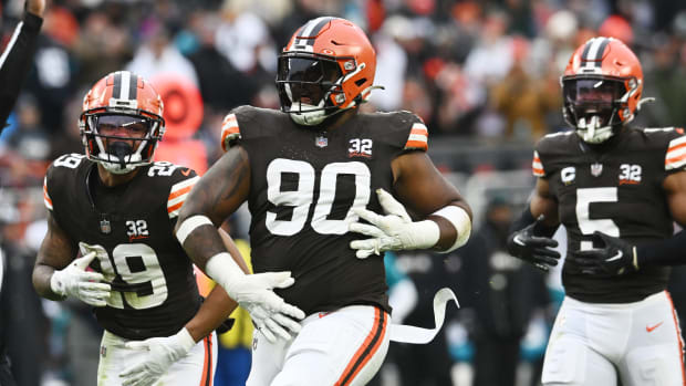 Dec 10, 2023; Cleveland, Ohio, USA; Cleveland Browns defensive tackle Maurice Hurst II (90) celebrates after sacking Jacksonville Jaguars quarterback Trevor Lawrence (not pictured) during the second half at Cleveland Browns Stadium.